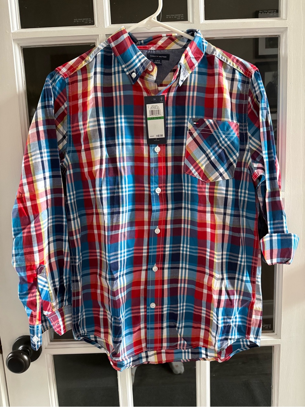 Tommy Hilfiger Men's Red, Blue & White Plaid Button-Down Shirt